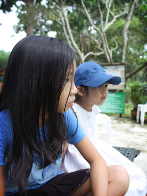 The girls watching a few peoplepractising horse riding.