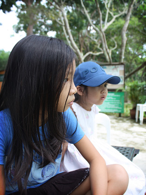 The girls watching a few peoplepractising horse riding.